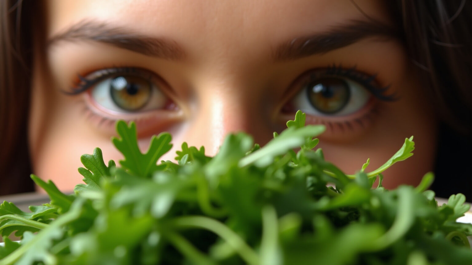 Benefícios da Rúcula para a Visão Salada de rúcula fresca com azeite para uma visão saudável.