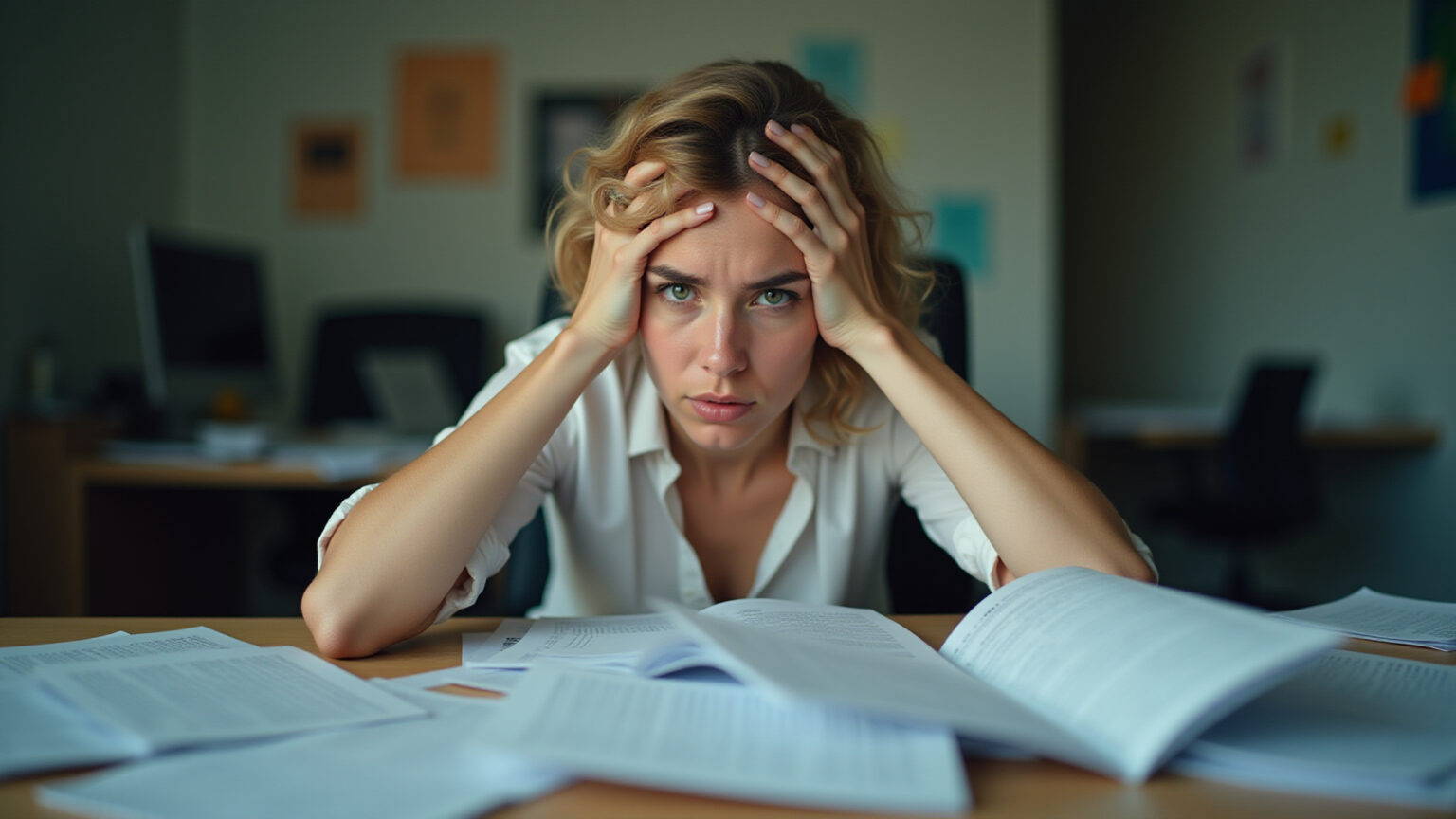 Do Estresse ao Colapso: A Jornada da Fadiga Mental Severa até o Diagnóstico de Burnout Mulher exausta e sobrecarregada no trabalho, refletindo o estresse do burnout.