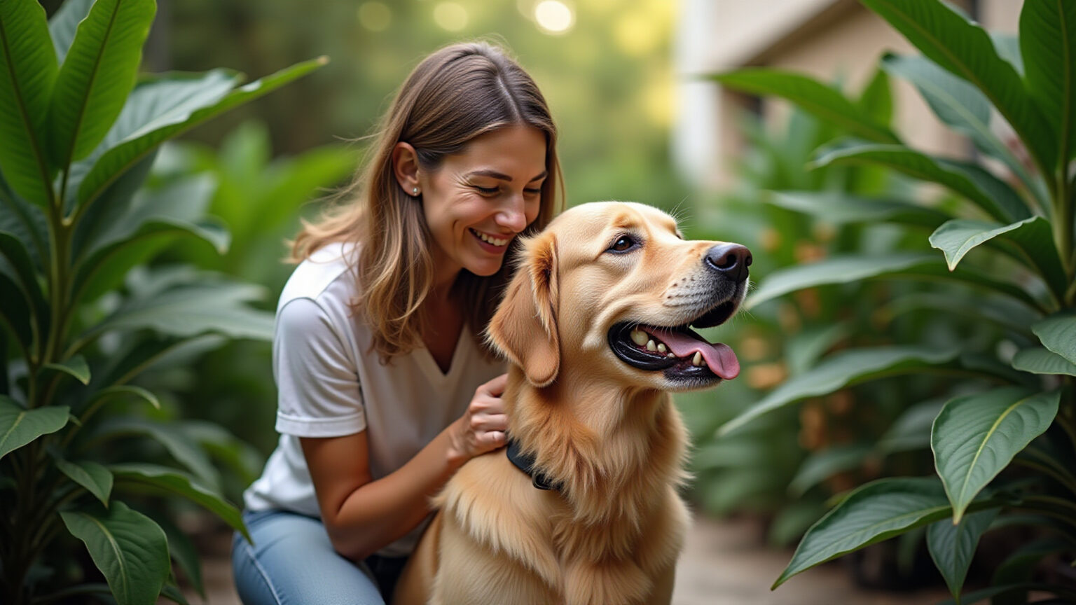 Mulher sorrindo acariciando cachorro em jardim brasileiro com plantas tóxicas.