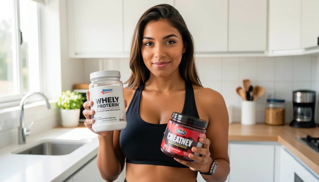Mulher segurando whey protein e creatina em cozinha iluminada