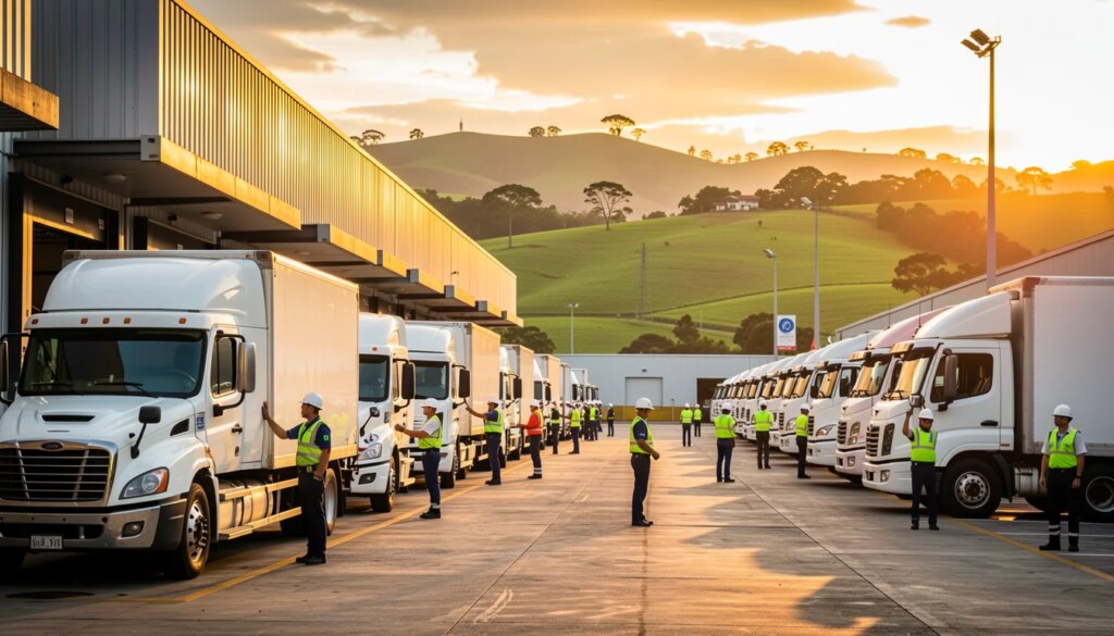 Centro de distribuição com caminhões e equipe operando rotas regionais ao amanhecer