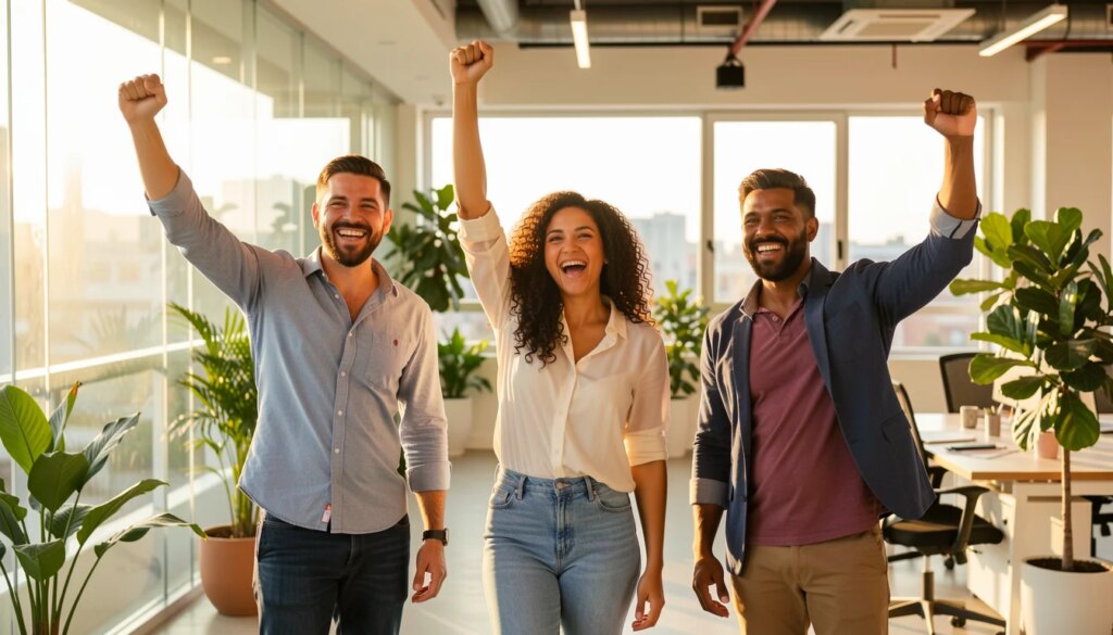 10 agências de marketing para empresas que querem aumentar vendas Equipe de marketing comemorando aumento de vendas em escritório moderno e iluminado