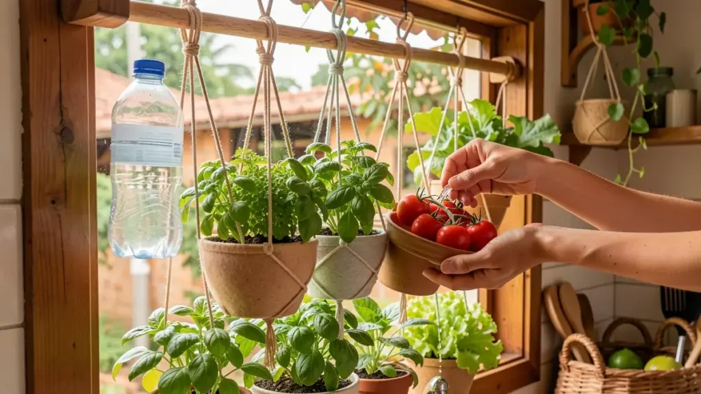 Horta suspensa na janela: como montar, fixar e regar do jeito certo