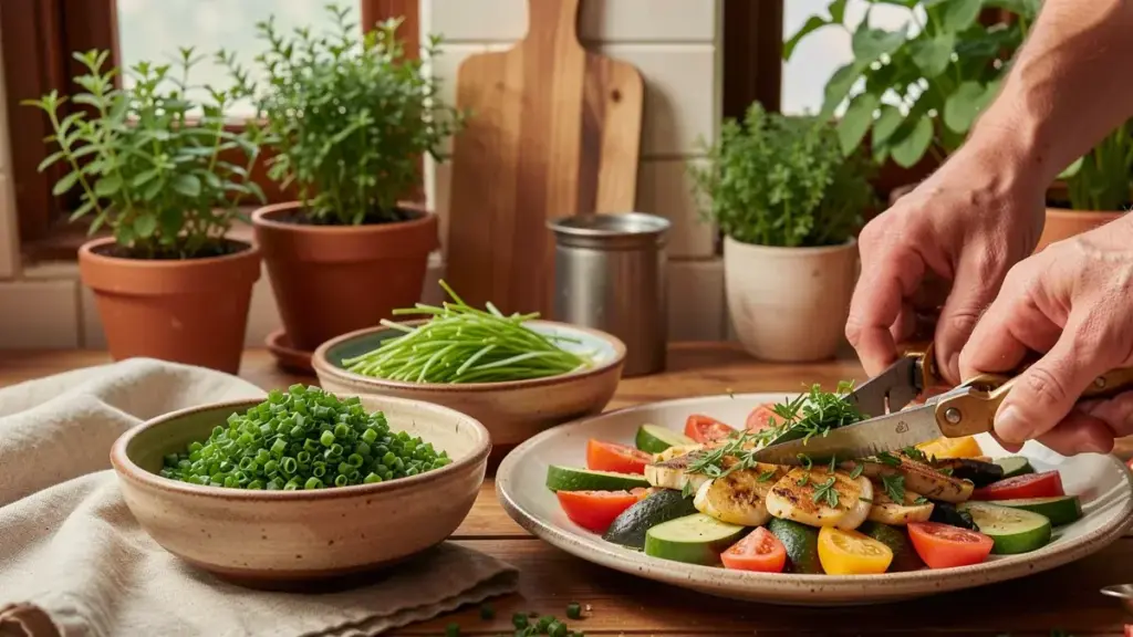 Cebolinha fresca ou ciboulette na decoração de pratos: qual escolher e como cortar Cebolinha fresca ou ciboulette na decoração de pratos: qual escolher e como cortar