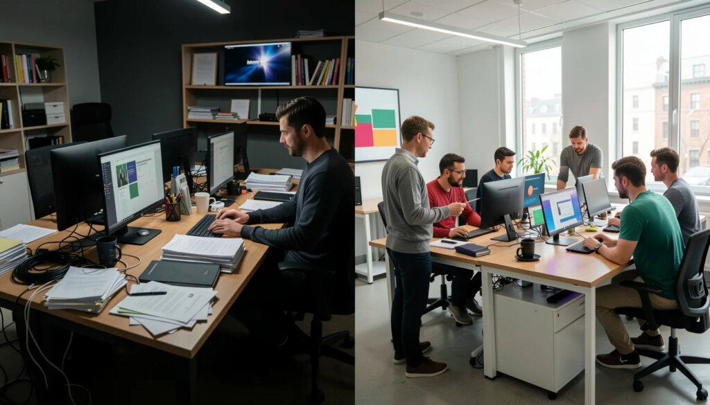 Comparação visual entre agência de conteúdo desorganizada e estúdio digital moderno e organizado